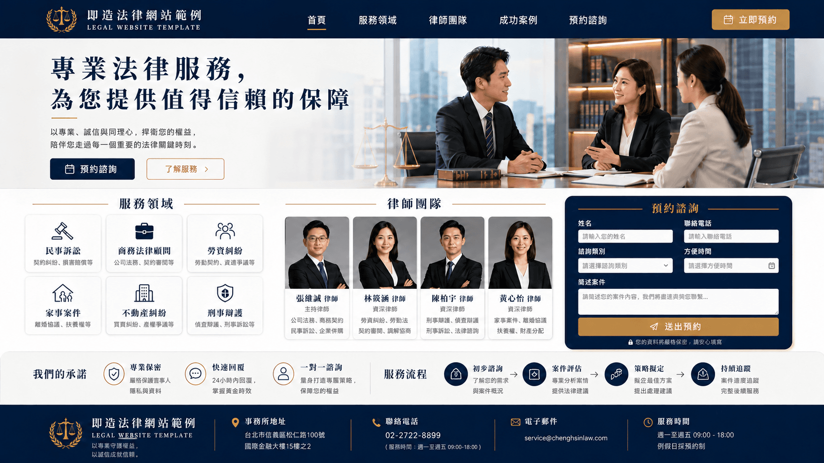 律師事務所網站範例，包含服務領域、律師團隊與線上預約諮詢表單