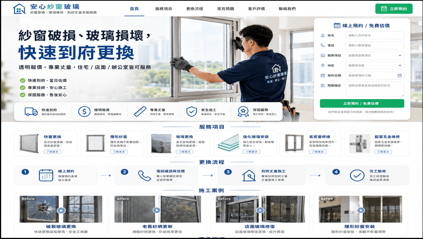 紗窗玻璃維修網站範例，包含六項服務、到府流程、施工案例與線上預約免費估價